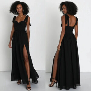 Lulu's Radiant Charisma Black Chiffon Ruched Tie-Strap Maxi Dress S Wedding NWOT